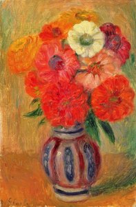 Zinnias en un Jarrón Azul a Rayas